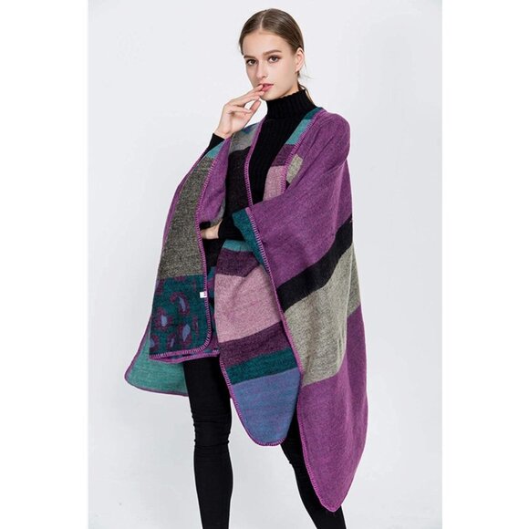 Purple Multicolor Colorblock Print Knit Poncho Shawl Cape Pashmina Wrap Sweater - Picture 2 of 4